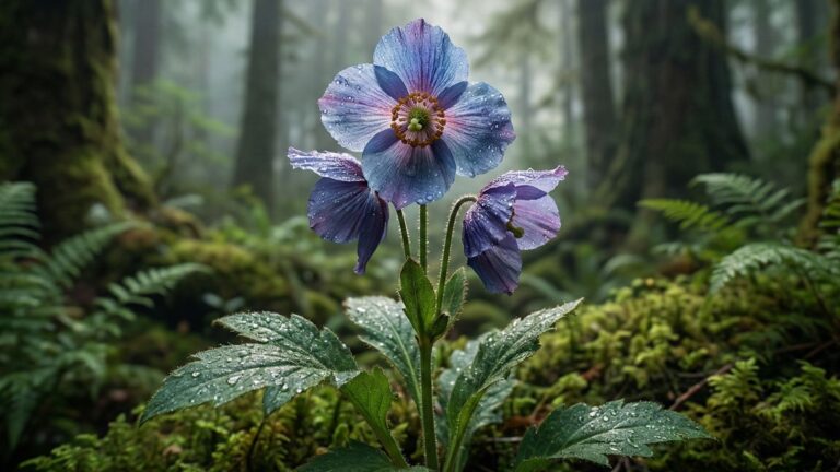 Macro photograph of a blooming medicinal Himalayan Blue Poppy with dew drops in a misty ancient forest for World Wildlife Day 2026.