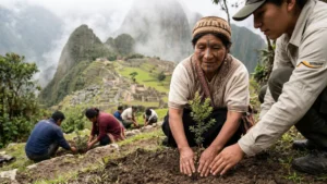 An indigenous woman and a SERNANP conservationist plant a native tree sapling on the misty terraced slopes overlooking the ancient citadel of Machu Picchu, Peru, for the Forest Friends ecosystem restoration project.