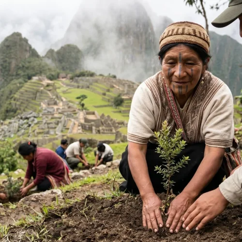 An indigenous woman and a SERNANP conservationist plant a native tree sapling on the misty terraced slopes overlooking the ancient citadel of Machu Picchu, Peru, for the Forest Friends ecosystem restoration project.